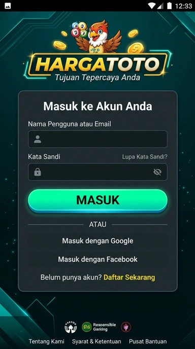 Tampilan halaman login hargatoto